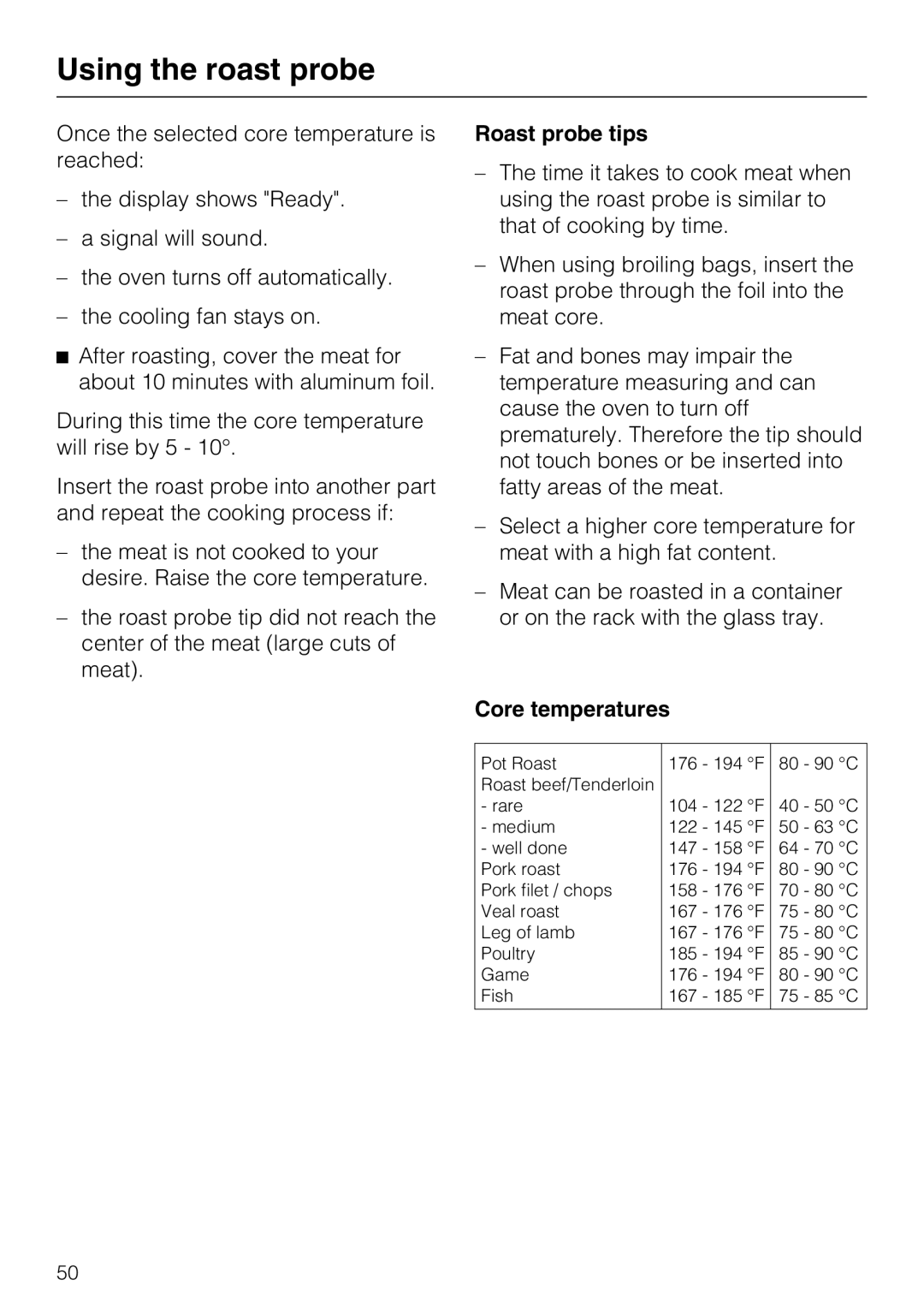 Miele H 4086 BM, H 4084 BM installation instructions Roast probe tips, Core temperatures 