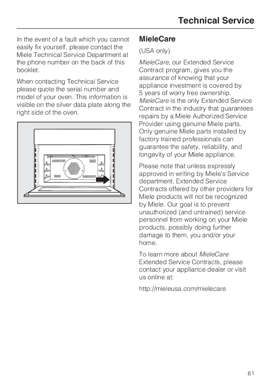 Miele H 4084 BM, H 4086 BM installation instructions Technical Service, MieleCare 