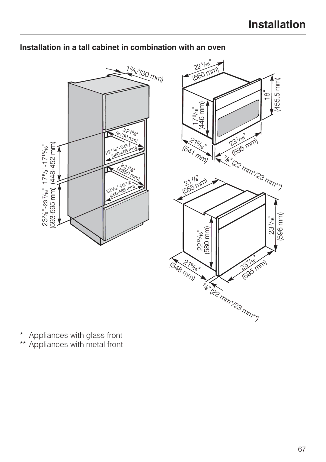 Miele H 4084 BM, H 4086 BM installation instructions Installation in a tall cabinet in combination with an oven 