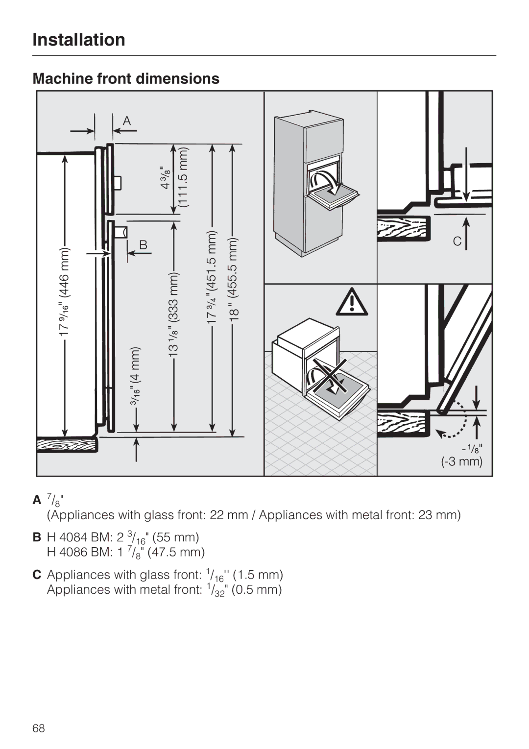 Miele H 4086 BM, H 4084 BM installation instructions Machine front dimensions 