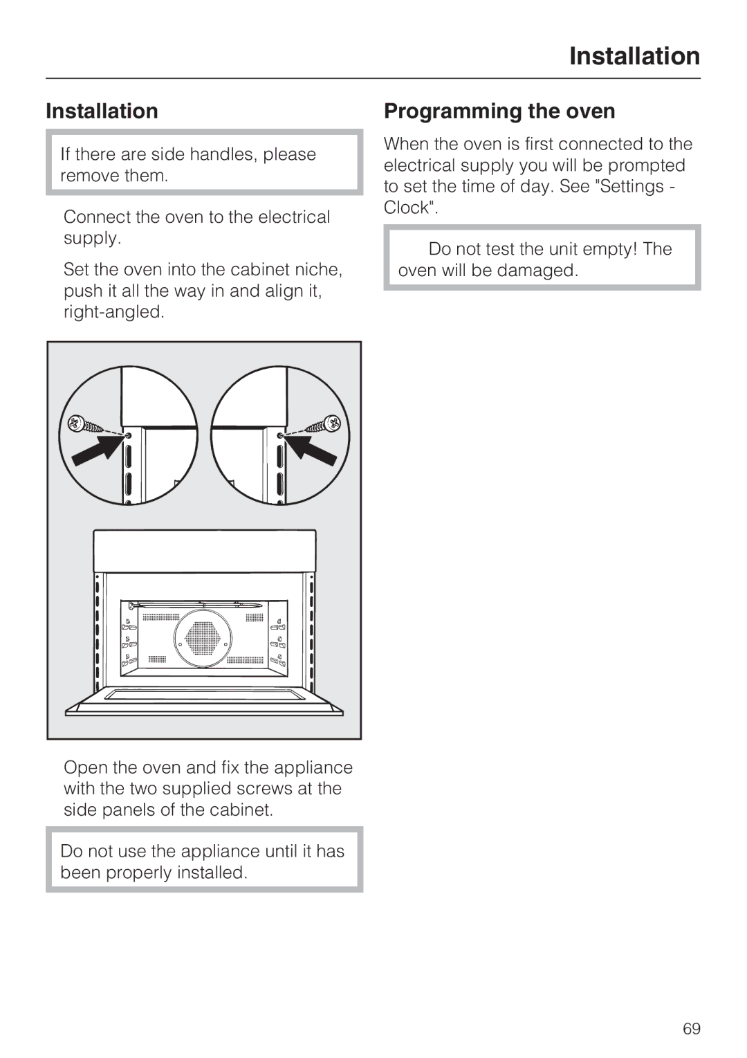 Miele H 4084 BM, H 4086 BM installation instructions Installation, Programming the oven 