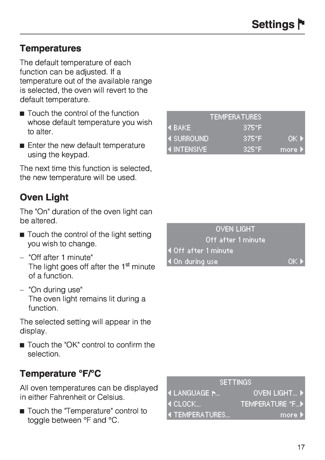 Miele H 4084 BM, H 4086 BM installation instructions Temperatures, Oven Light, Temperature F/C, Settings 