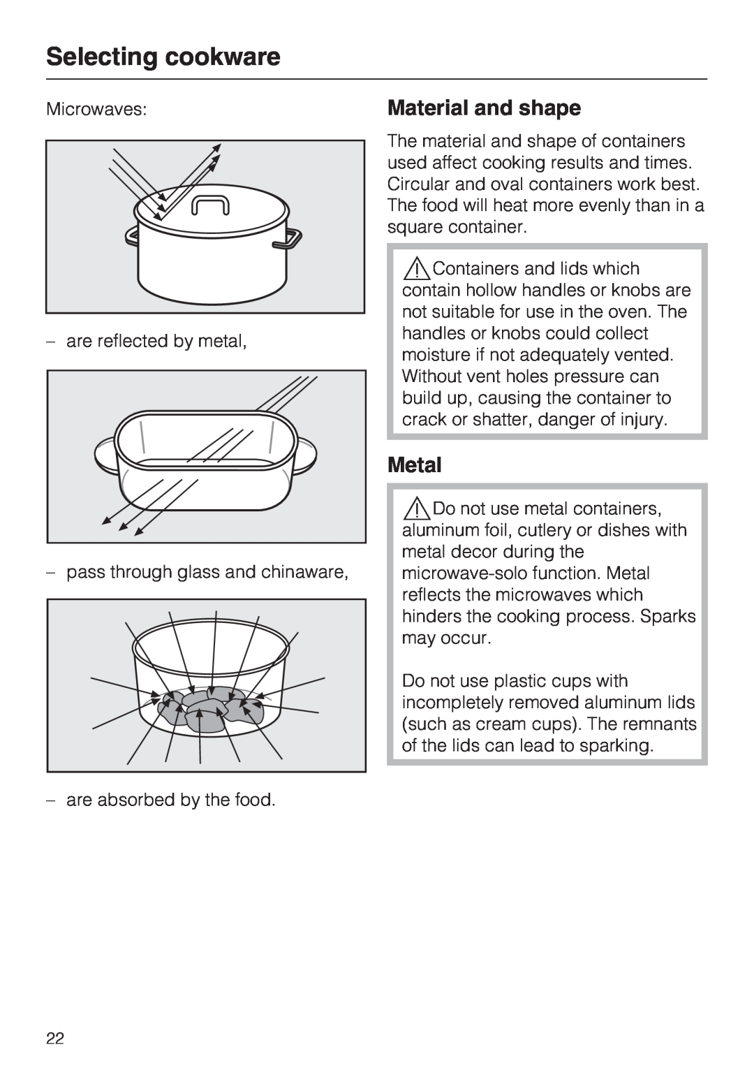 Miele H 4086 BM, H 4084 BM installation instructions Selecting cookware, Material and shape, Metal 