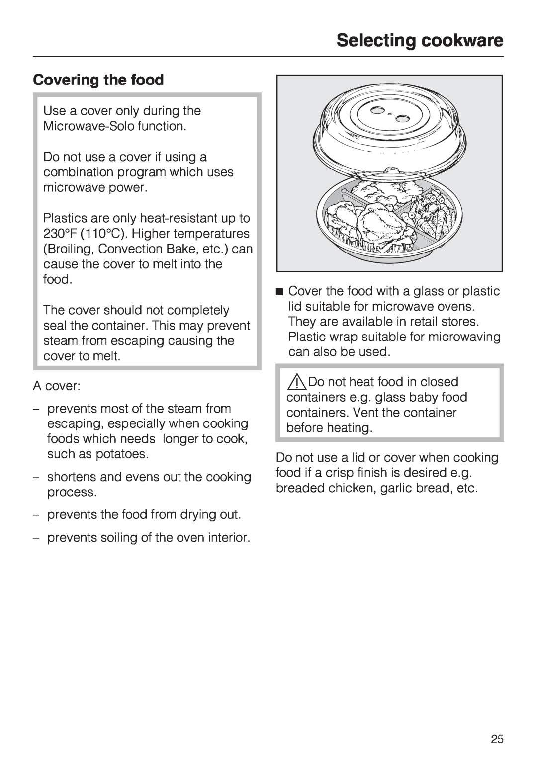 Miele H 4084 BM, H 4086 BM installation instructions Covering the food, Selecting cookware 