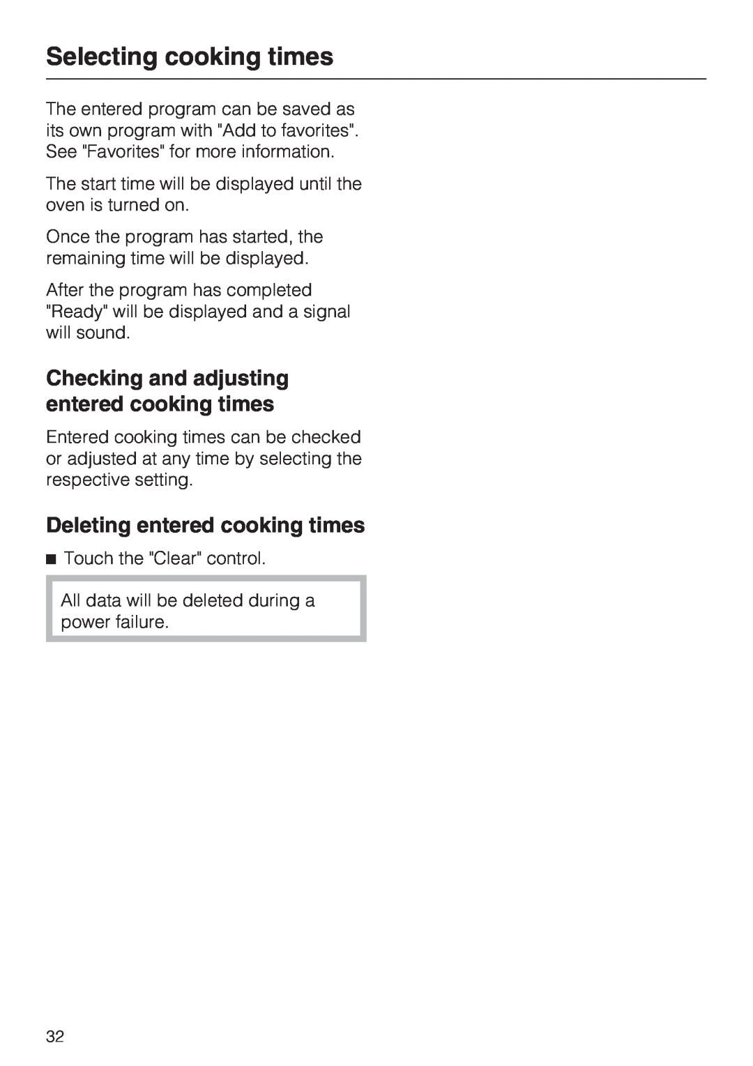 Miele H 4086 BM Checking and adjusting entered cooking times, Deleting entered cooking times, Selecting cooking times 