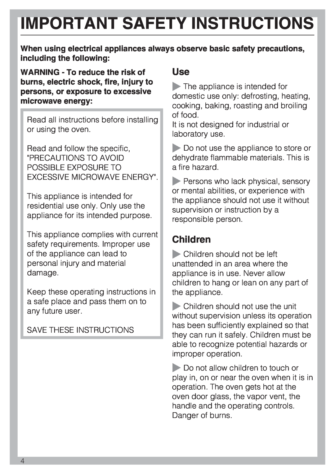 Miele H 4086 BM, H 4084 BM installation instructions Important Safety Instructions, Children 