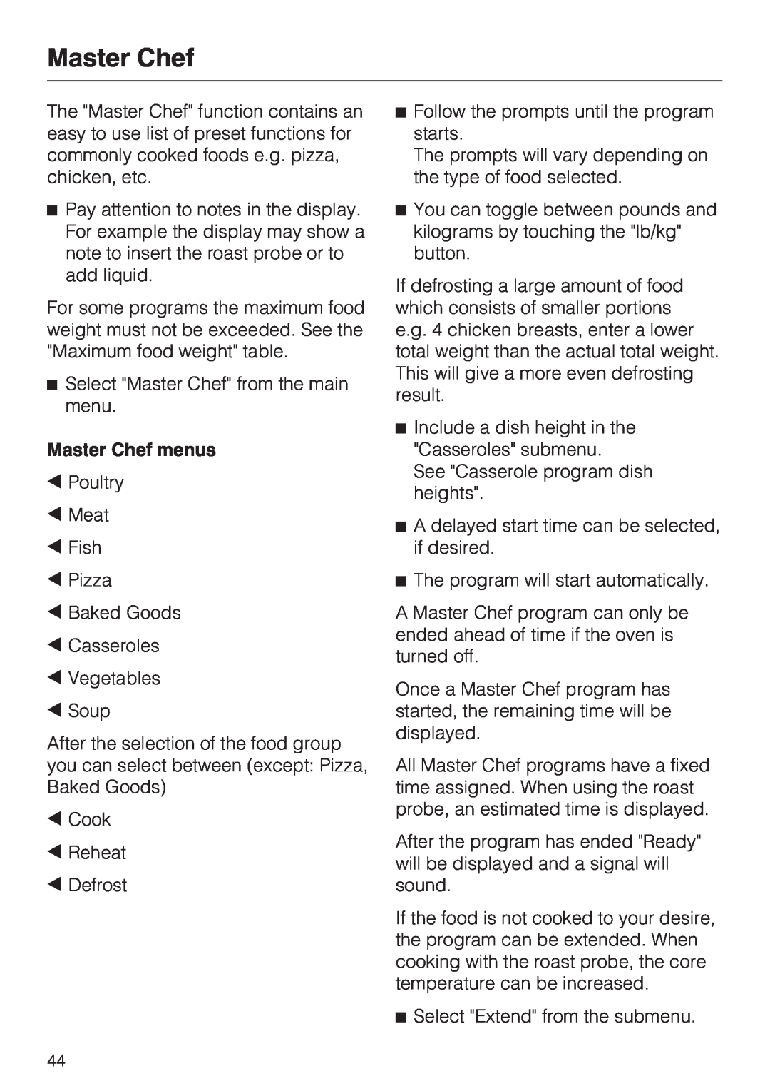 Miele H 4086 BM, H 4084 BM installation instructions Master Chef menus 