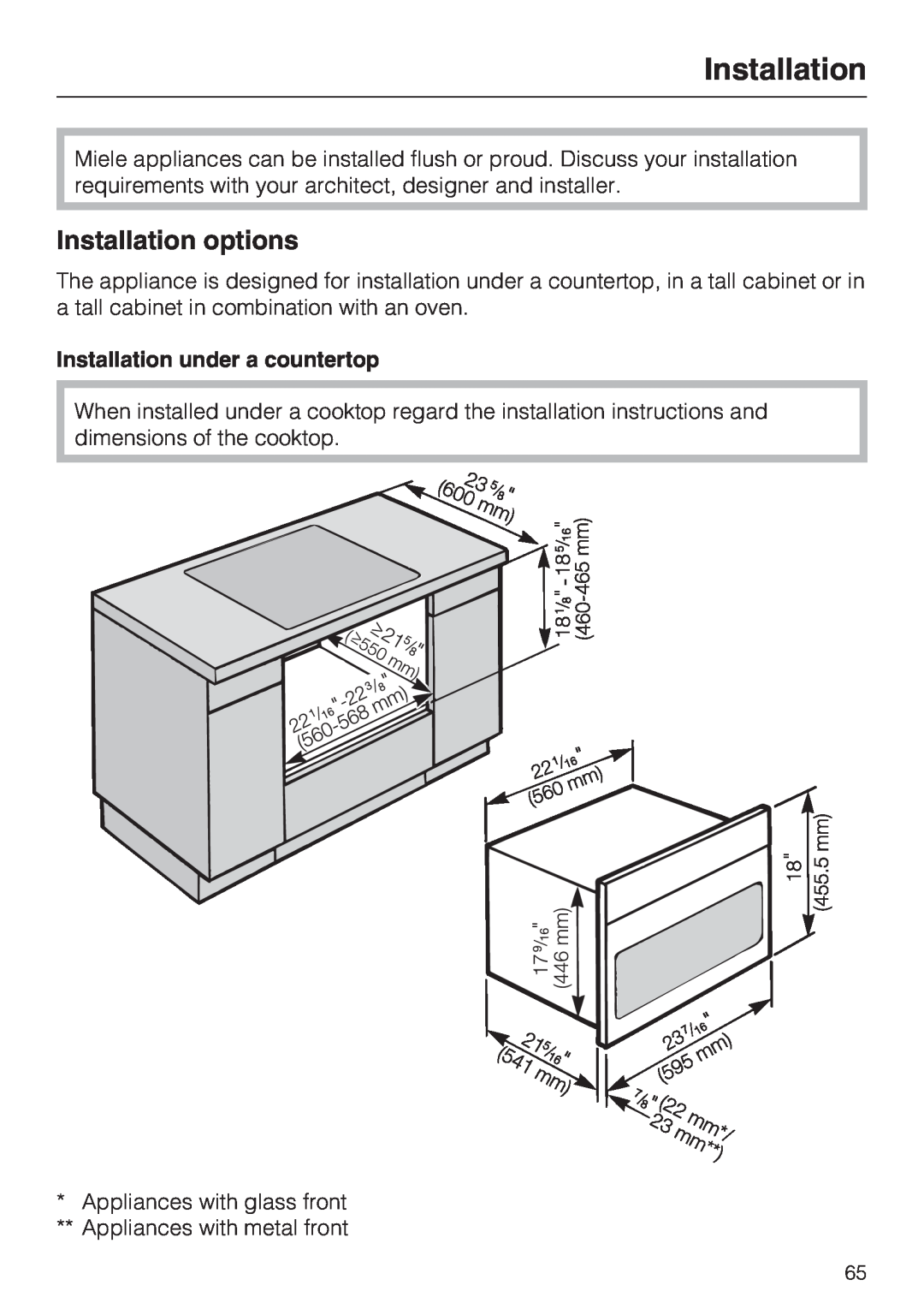 Miele H 4084 BM, H 4086 BM installation instructions Installation options, Installation under a countertop 