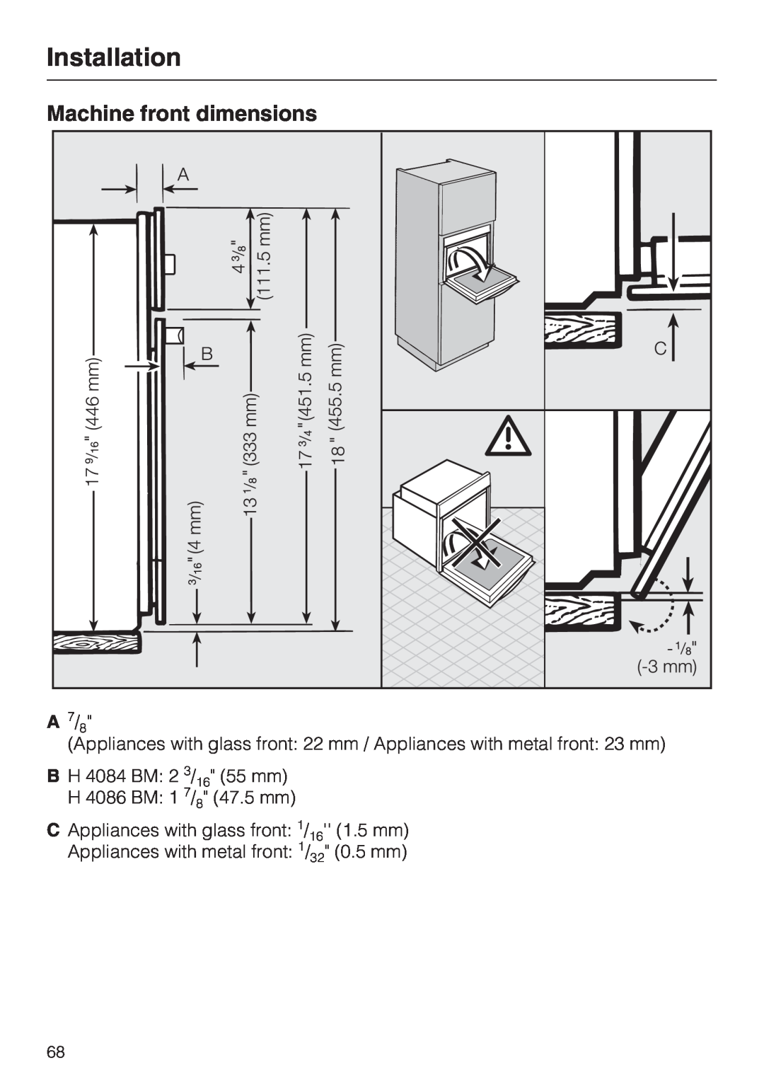 Miele H 4086 BM, H 4084 BM installation instructions Machine front dimensions, Installation 