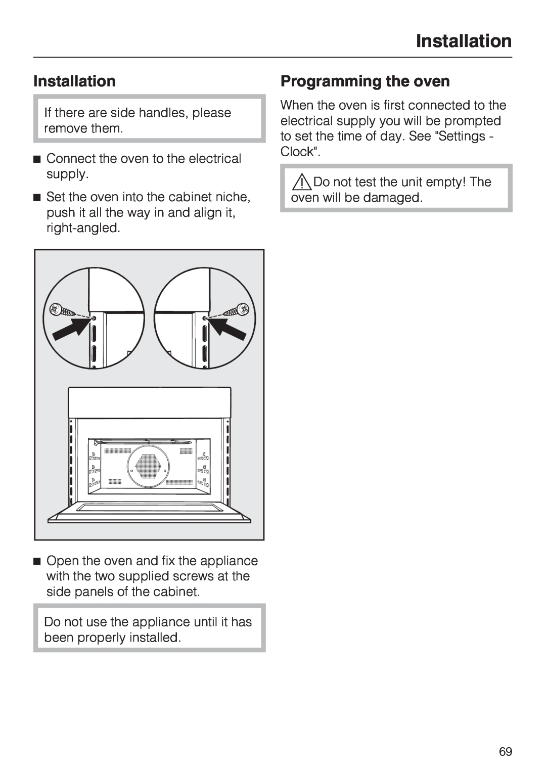 Miele H 4084 BM, H 4086 BM installation instructions Installation, Programming the oven 
