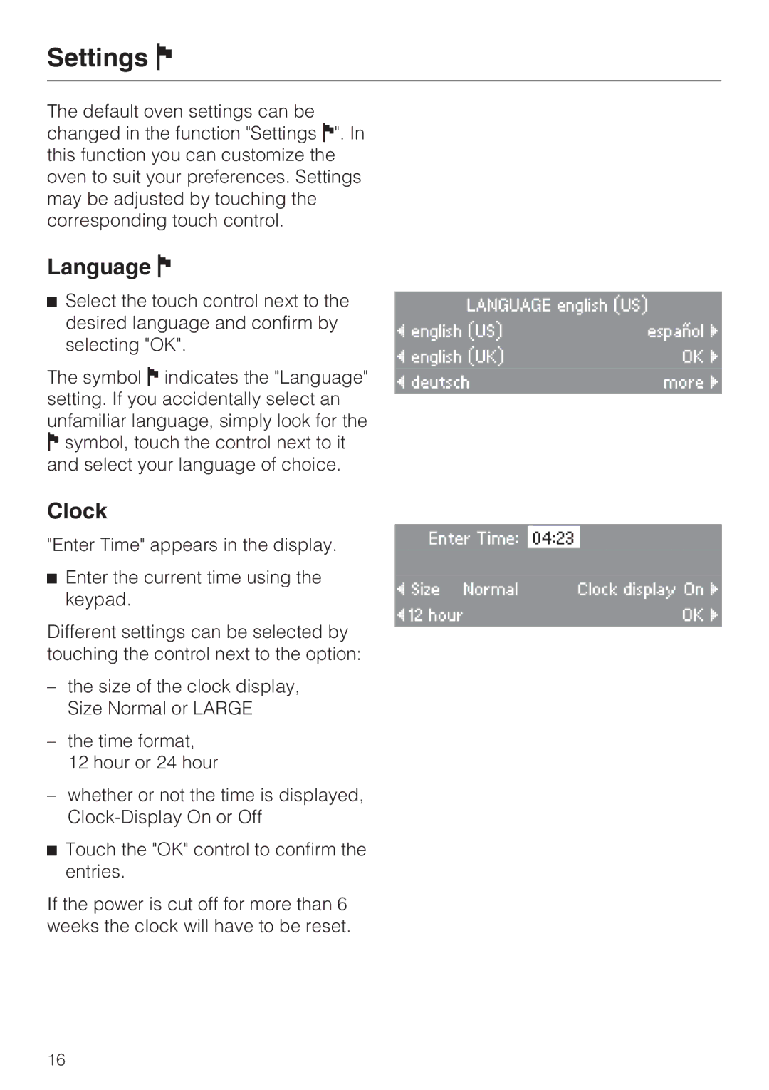 Miele H 4088 BM, H4082BM installation instructions Settings, Language, Clock 