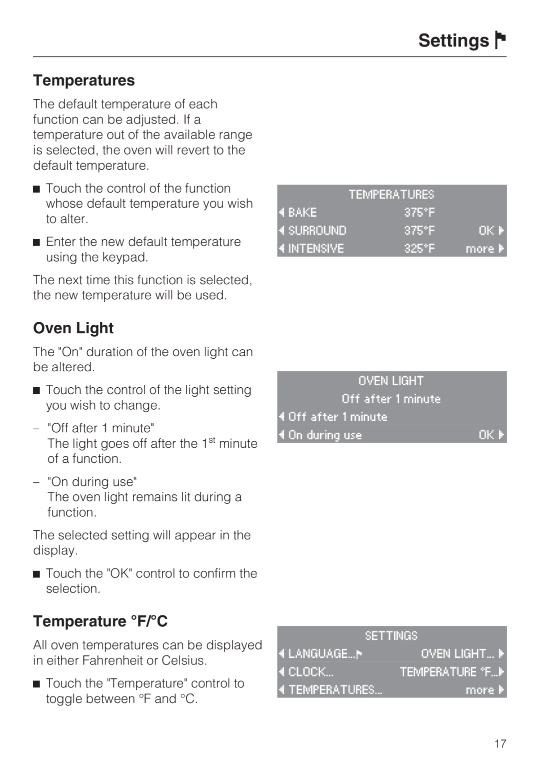 Miele H4082BM, H 4088 BM installation instructions Temperatures, Oven Light, Temperature F/C 