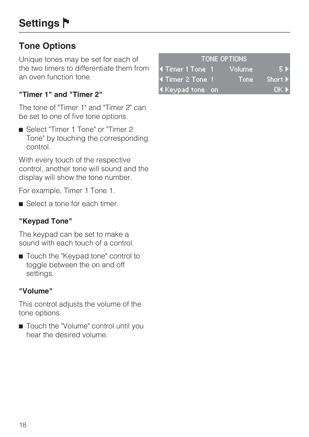 Miele H 4088 BM, H4082BM installation instructions Tone Options, Timer 1 and Timer, Keypad Tone, Volume 