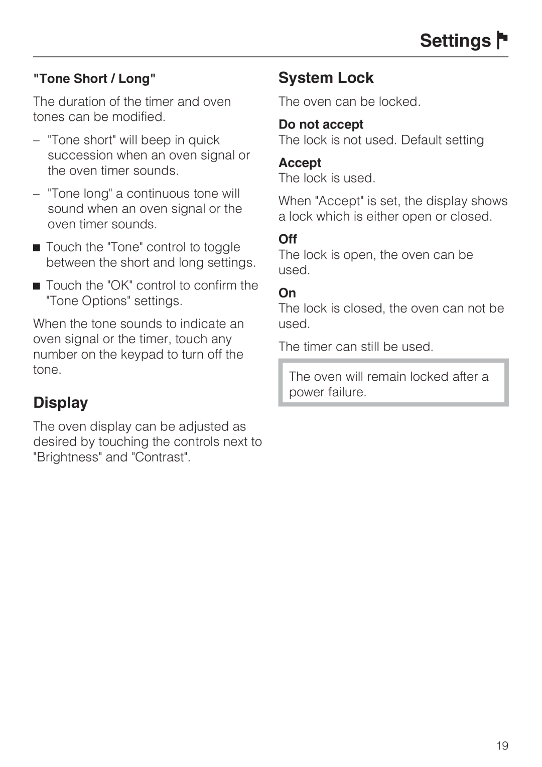 Miele H4082BM, H 4088 BM installation instructions Tone Short / Long, Do not accept, Accept, Off 