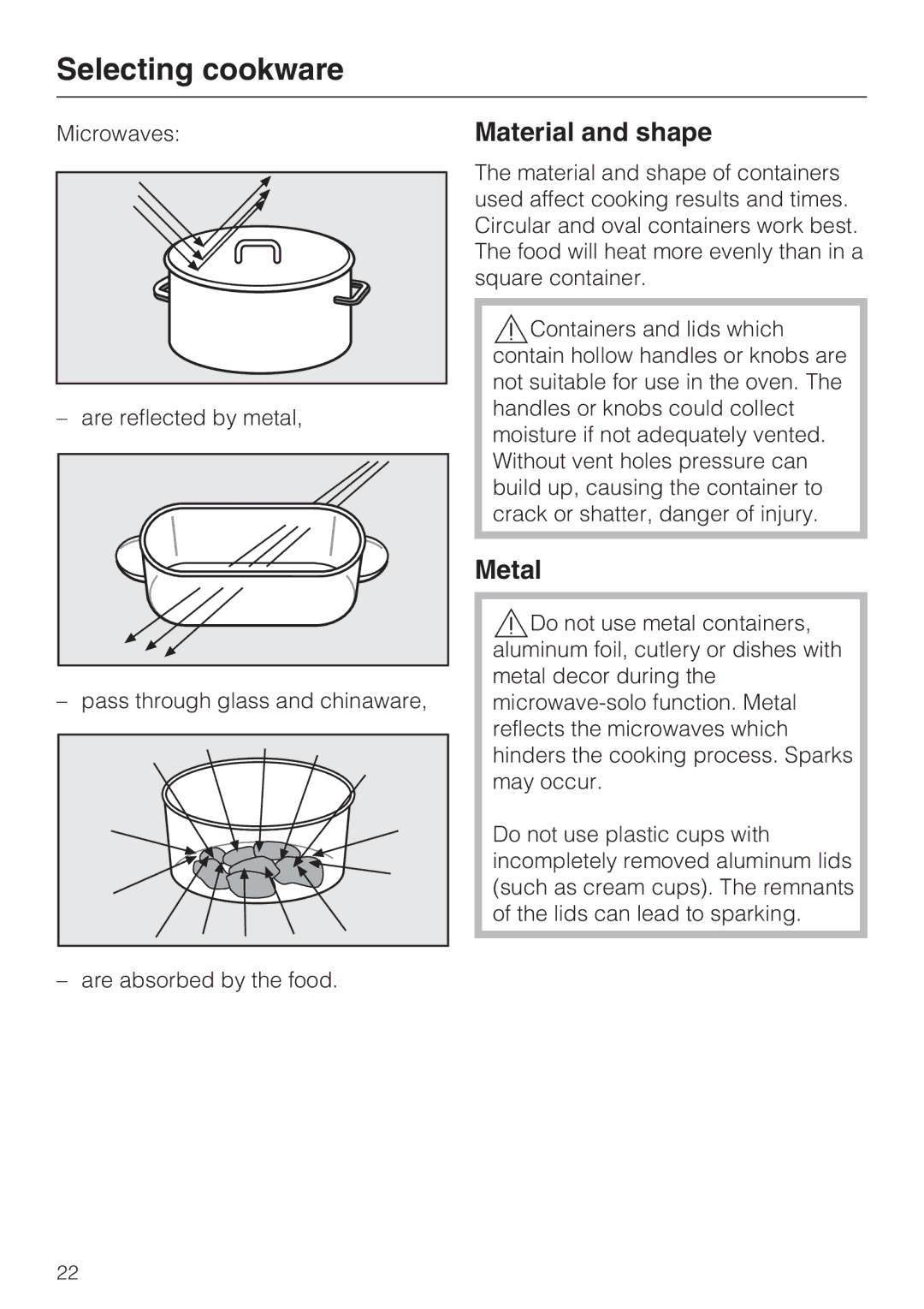 Miele H 4088 BM, H4082BM installation instructions Selecting cookware, Material and shape, Metal 