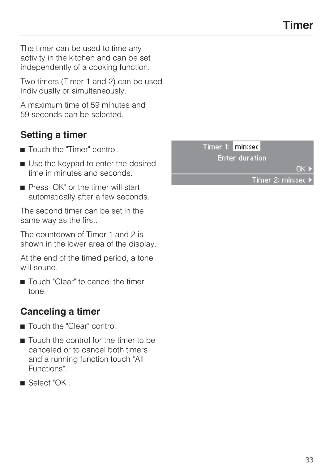 Miele H4082BM, H 4088 BM installation instructions Timer, Setting a timer, Canceling a timer 