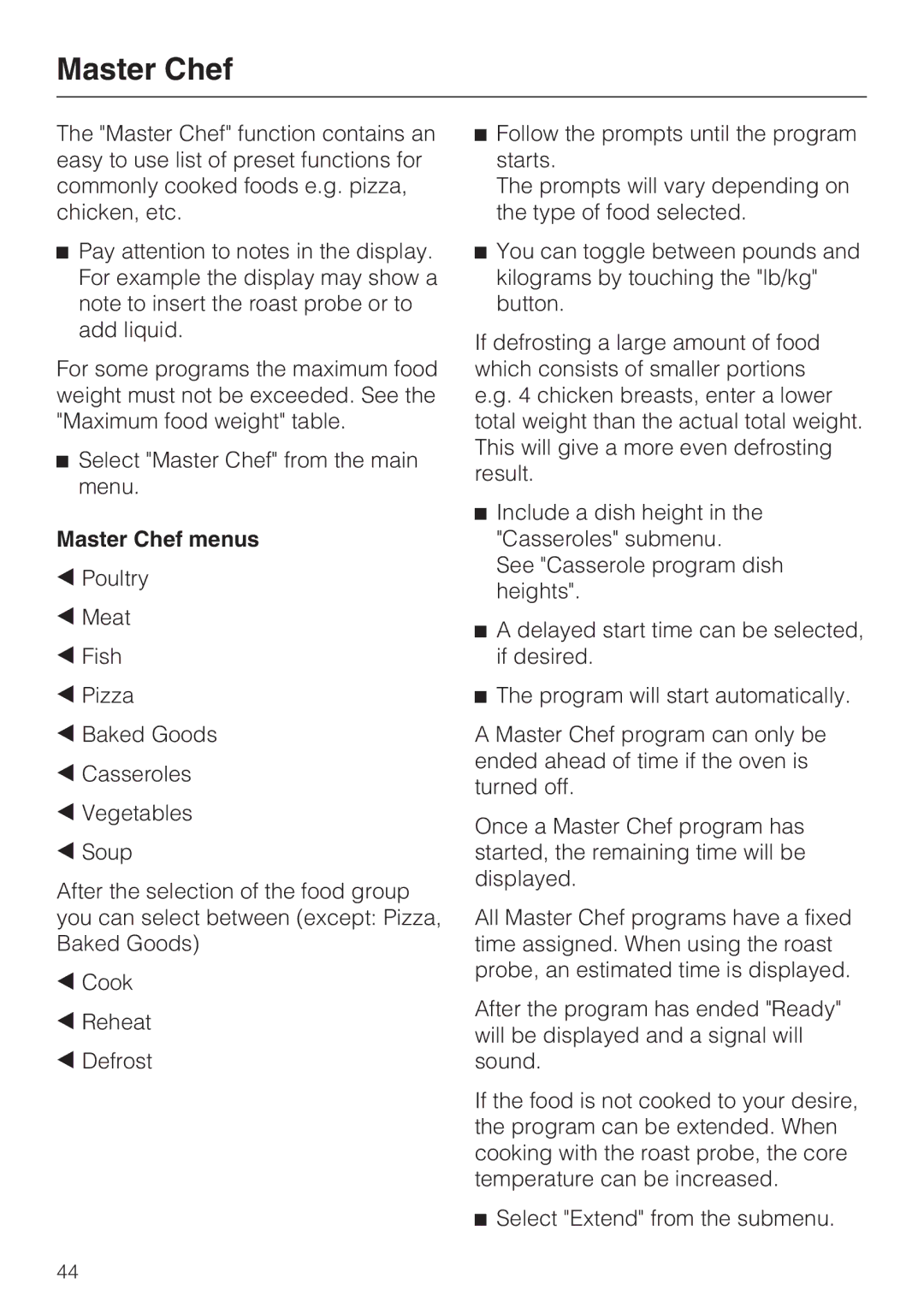 Miele H 4088 BM, H4082BM installation instructions Master Chef menus 