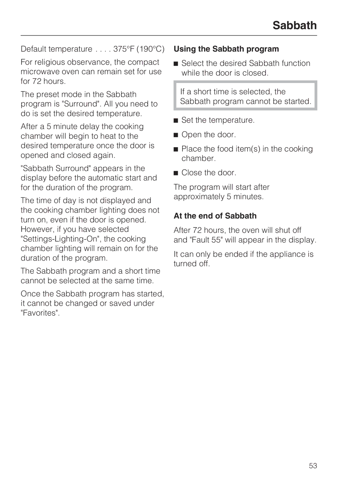 Miele H4082BM, H 4088 BM installation instructions Using the Sabbath program, At the end of Sabbath 