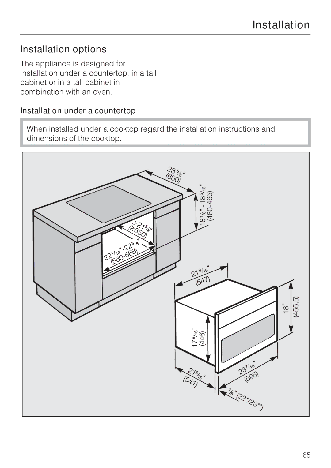 Miele H4082BM, H 4088 BM installation instructions Installation options, Installation under a countertop 