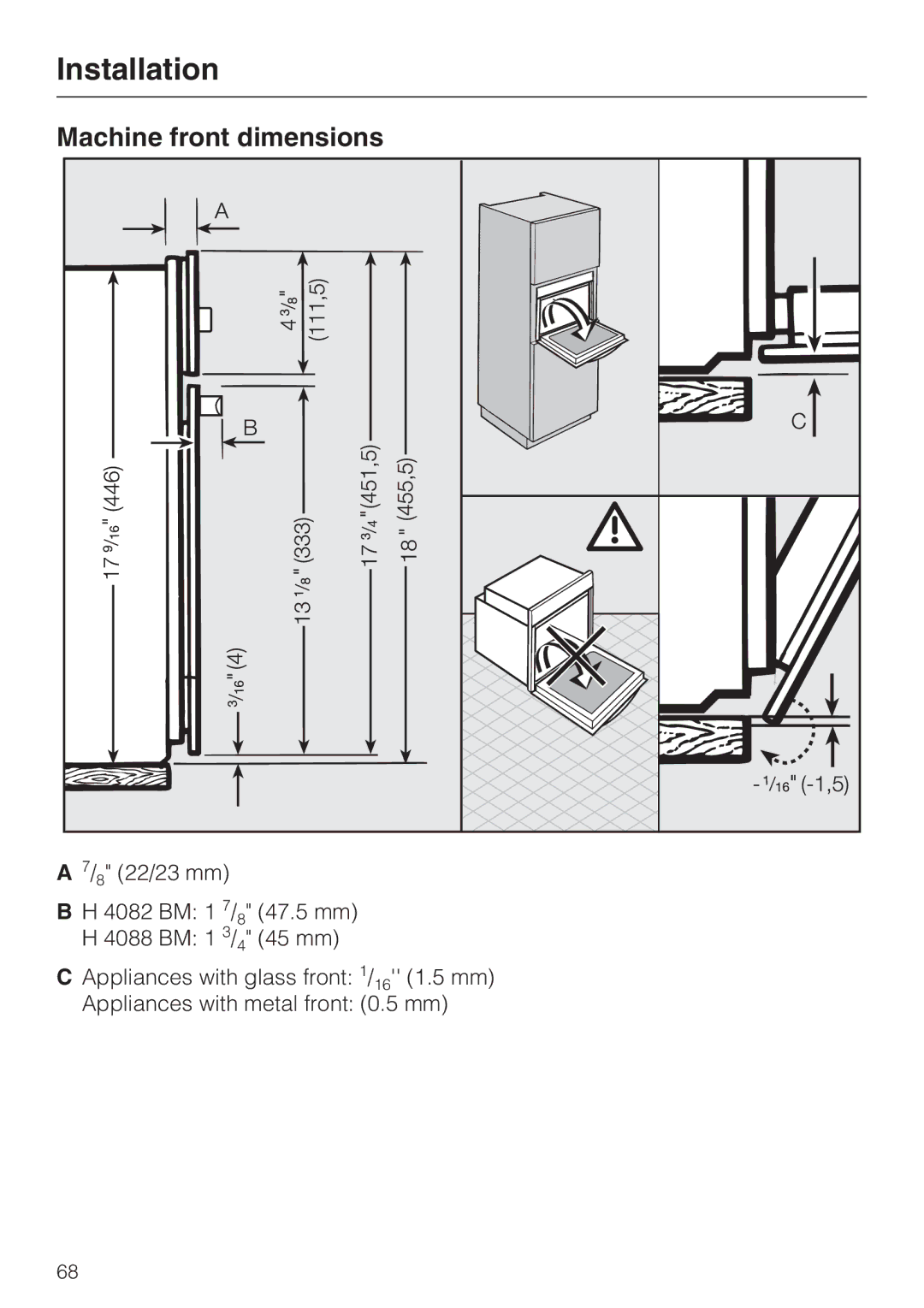 Miele H 4088 BM, H4082BM installation instructions Machine front dimensions 