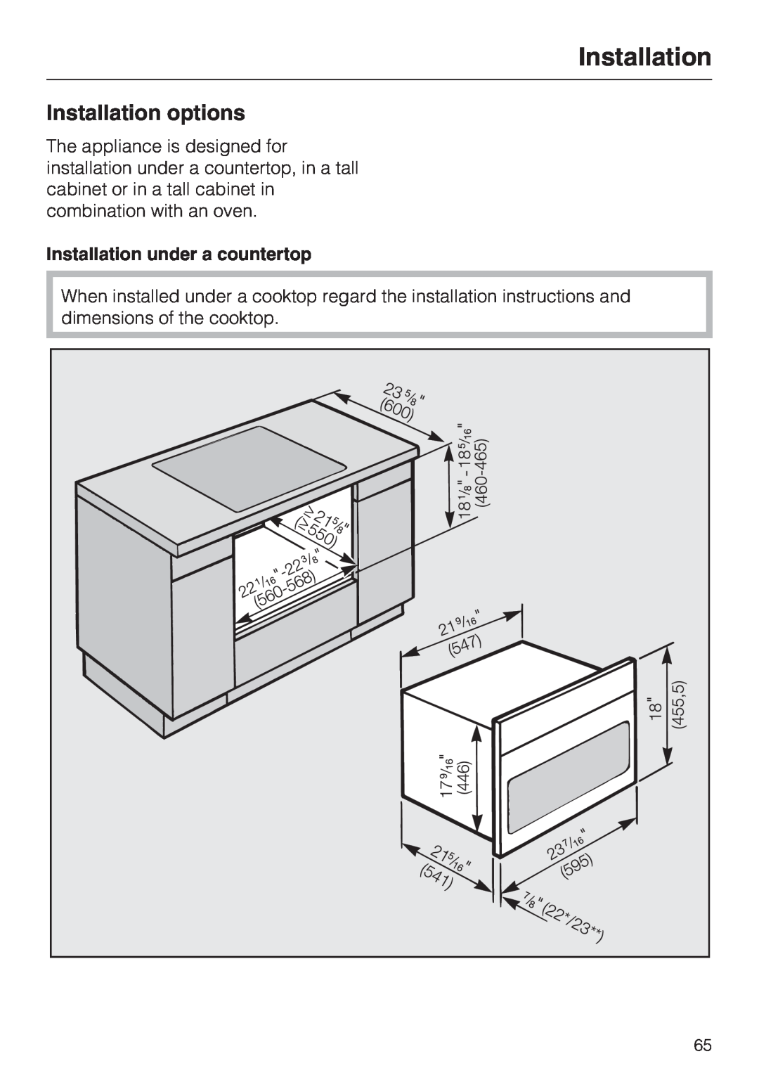 Miele H4082BM, H 4088 BM installation instructions Installation options, Installation under a countertop 