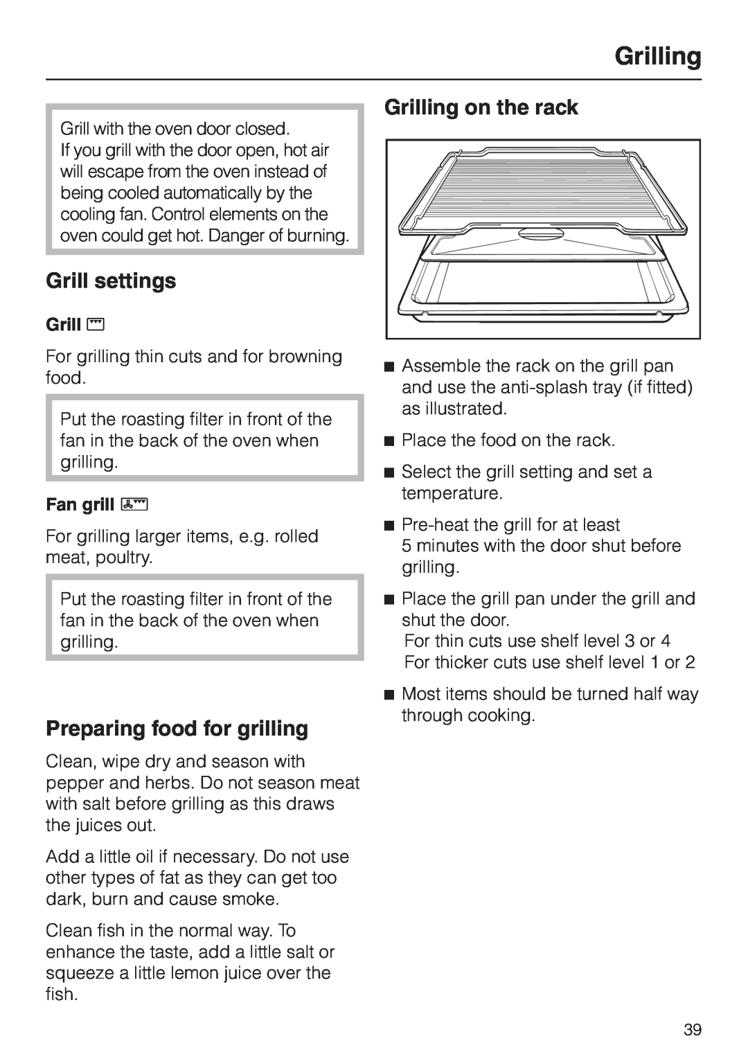 Miele H 4240, H 4150, H 4220 Grill settings, Preparing food for grilling, Grilling on the rack, Grill n, Fan grill N 