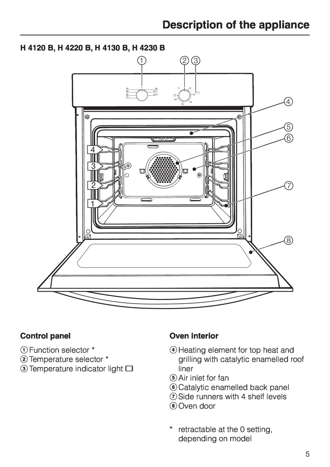 Miele H 4140, H 4150 H 4120 B, H 4220 B, H 4130 B, H 4230 B, Description of the appliance, Control panel, Oven interior 