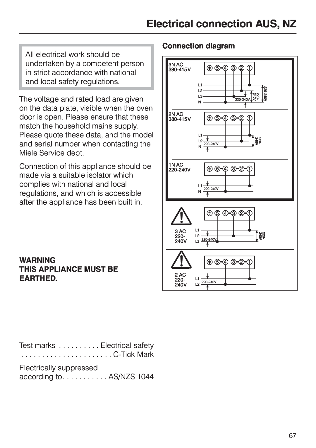 Miele H 4230, H 4150, H 4220, H 4130 Electrical connection AUS, NZ, Connection diagram, This Appliance Must Be Earthed 