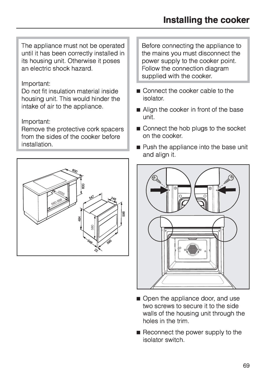 Miele H 4240, H 4150, H 4220, H 4130, H 4160, H 4120, H 4140, H 4260, H 4230, H 4250 installation instructions Installing the cooker 