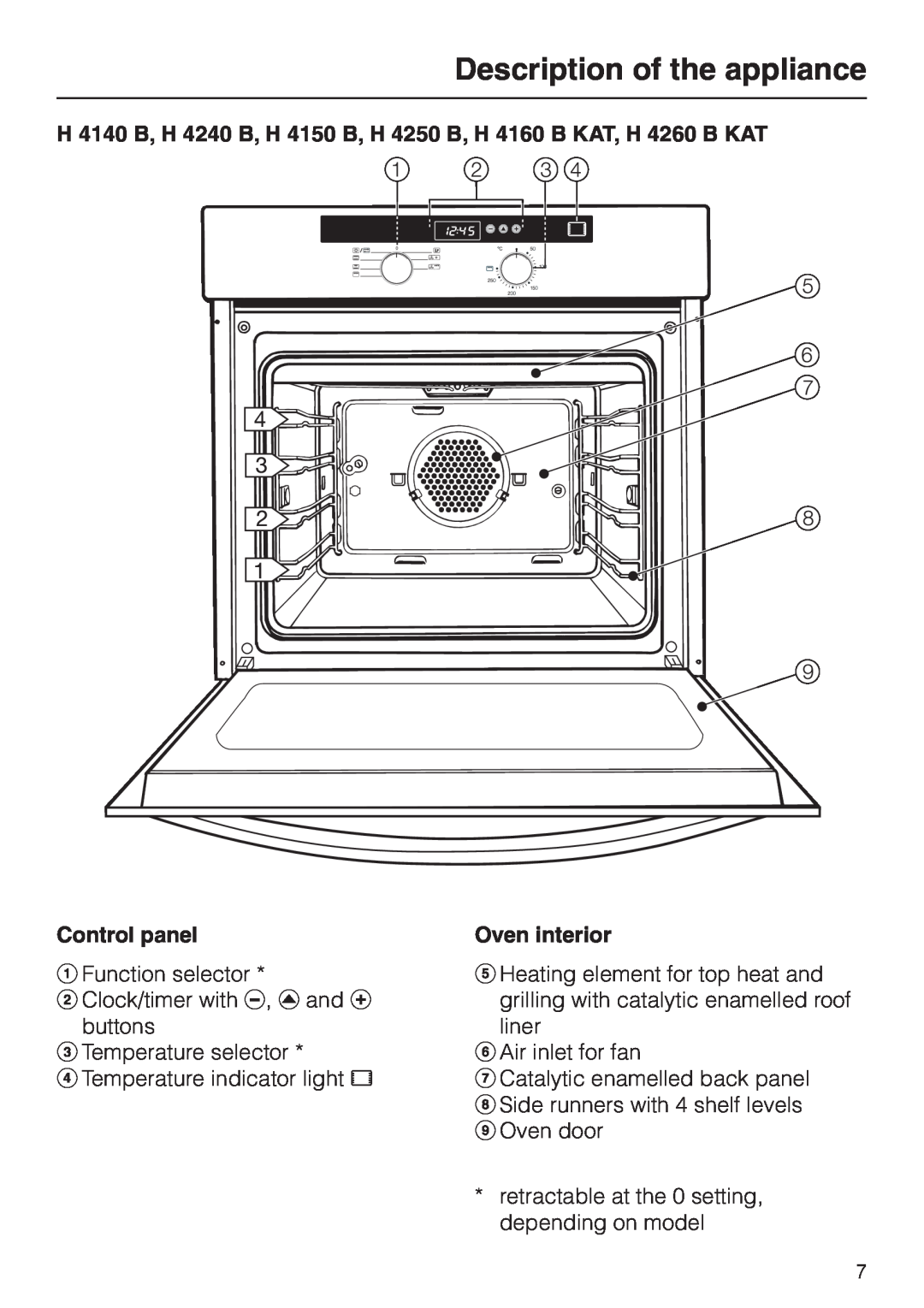 Miele H 4230, H 4150, H 4220, H 4130, H 4160, H 4120, H 4140, H 4260 Description of the appliance, Control panel, Oven interior 