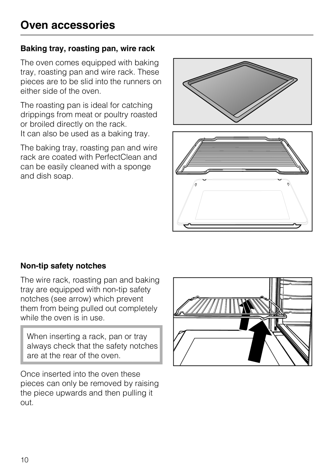 Miele H 4242 B installation instructions Oven accessories, Baking tray, roasting pan, wire rack, Non-tip safety notches 