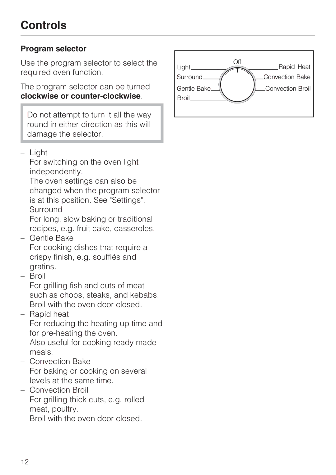 Miele H 4242 B installation instructions Controls, Program selector 