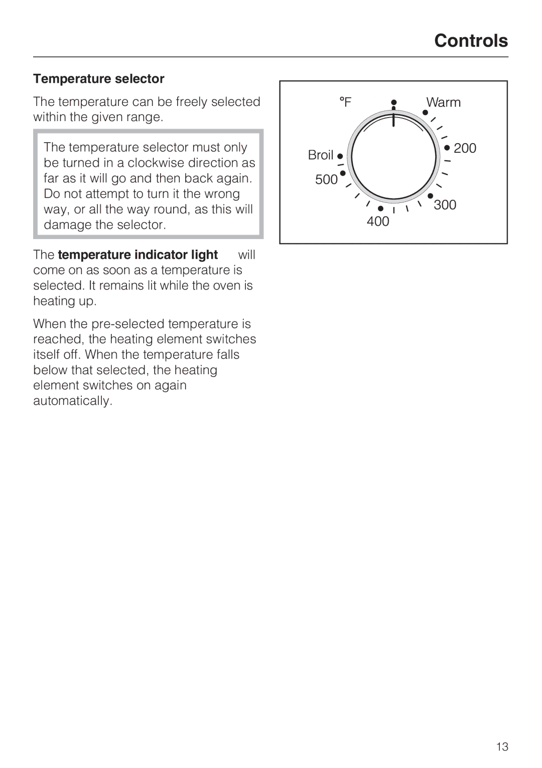 Miele H 4242 B installation instructions Temperature selector 