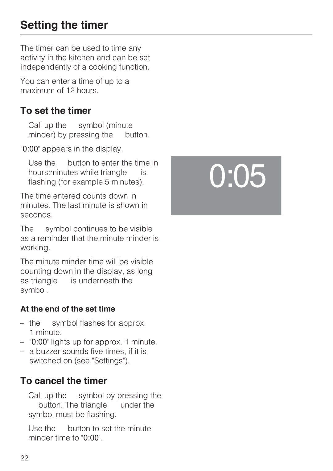 Miele H 4242 B Setting the timer, To set the timer, To cancel the timer, At the end of the set time 