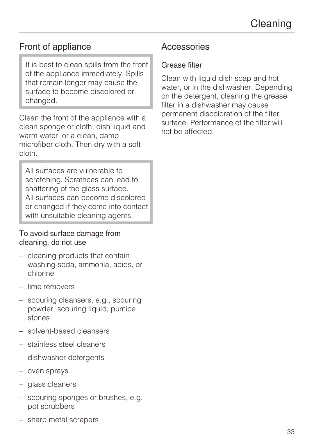 Miele H 4242 B Cleaning, Front of appliance, Accessories, To avoid surface damage from cleaning, do not use 