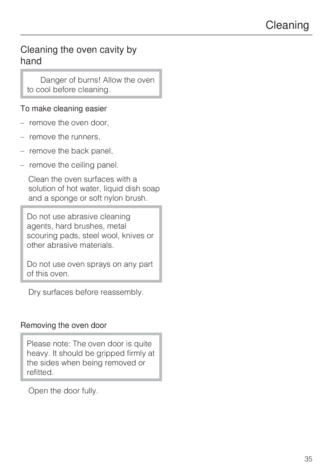 Miele H 4242 B installation instructions Cleaning the oven cavity by hand, To make cleaning easier, Removing the oven door 