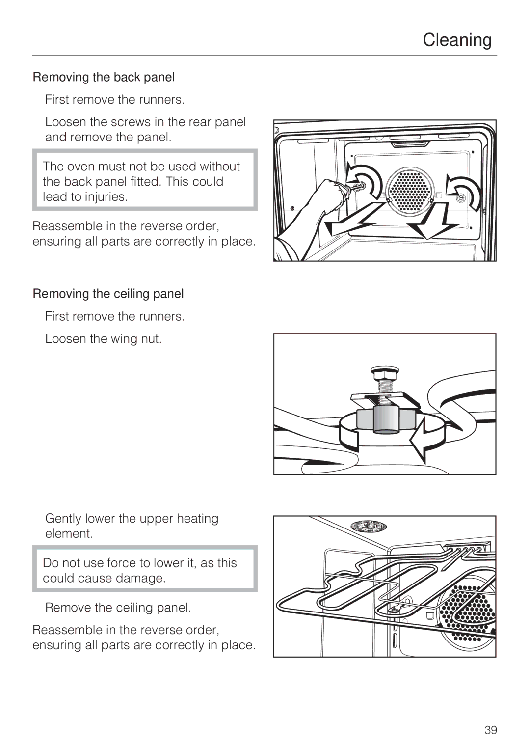 Miele H 4242 B installation instructions Removing the back panel, Removing the ceiling panel 