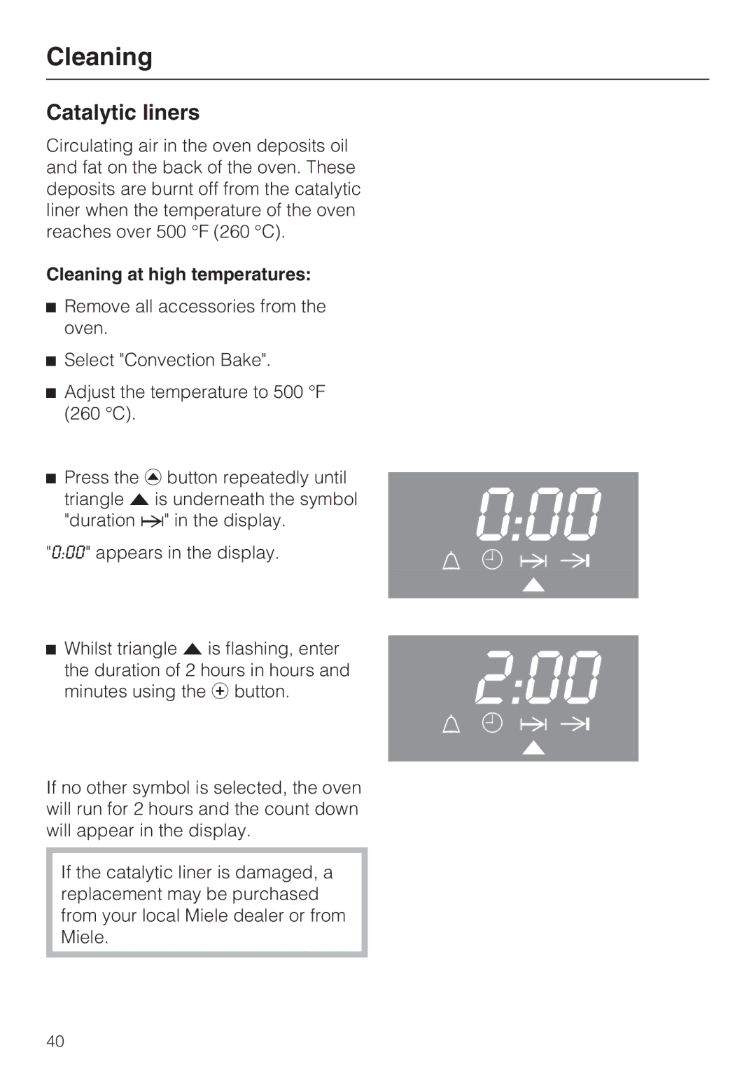 Miele H 4242 B installation instructions Catalytic liners, Cleaning at high temperatures 