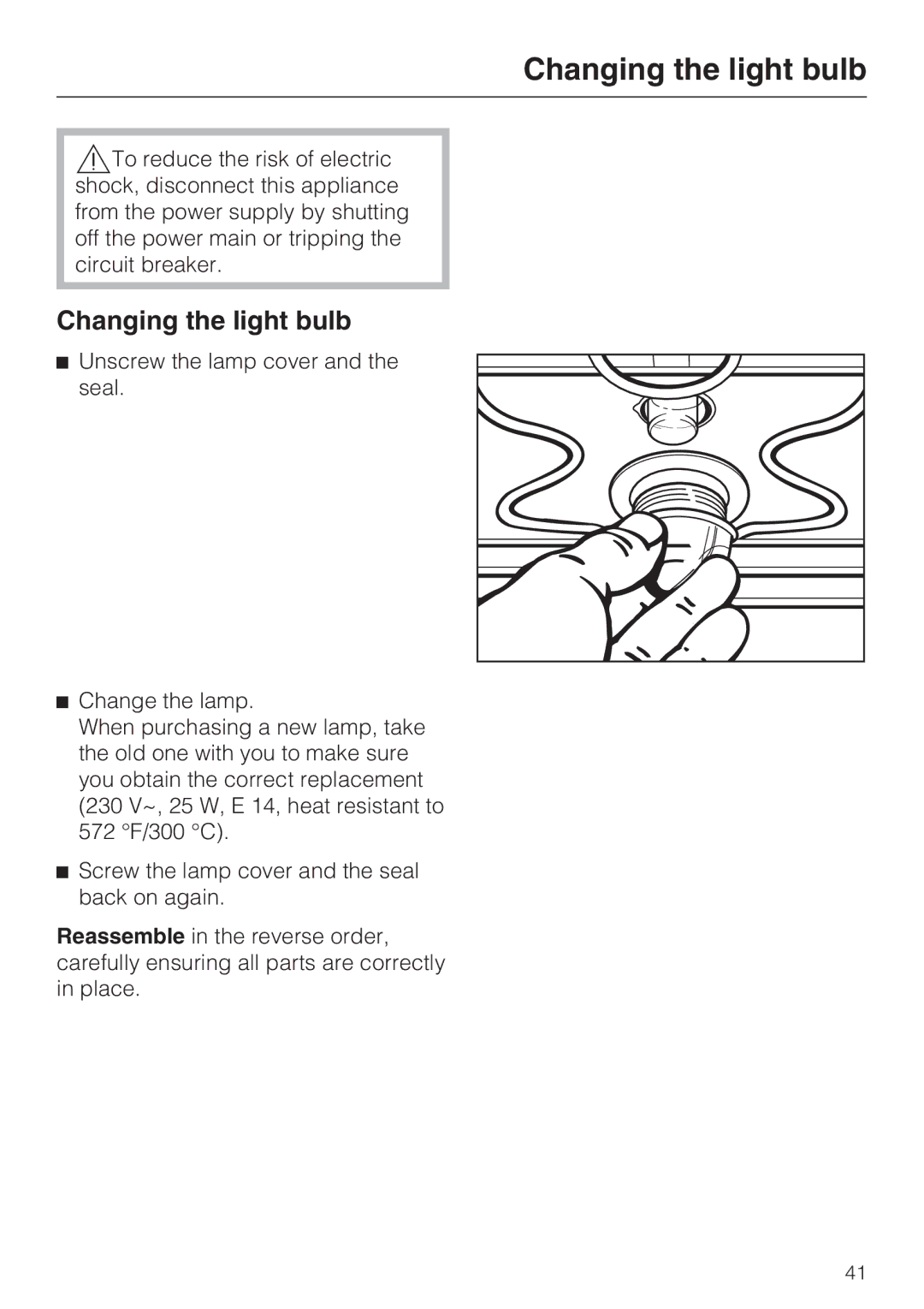 Miele H 4242 B installation instructions Changing the light bulb 