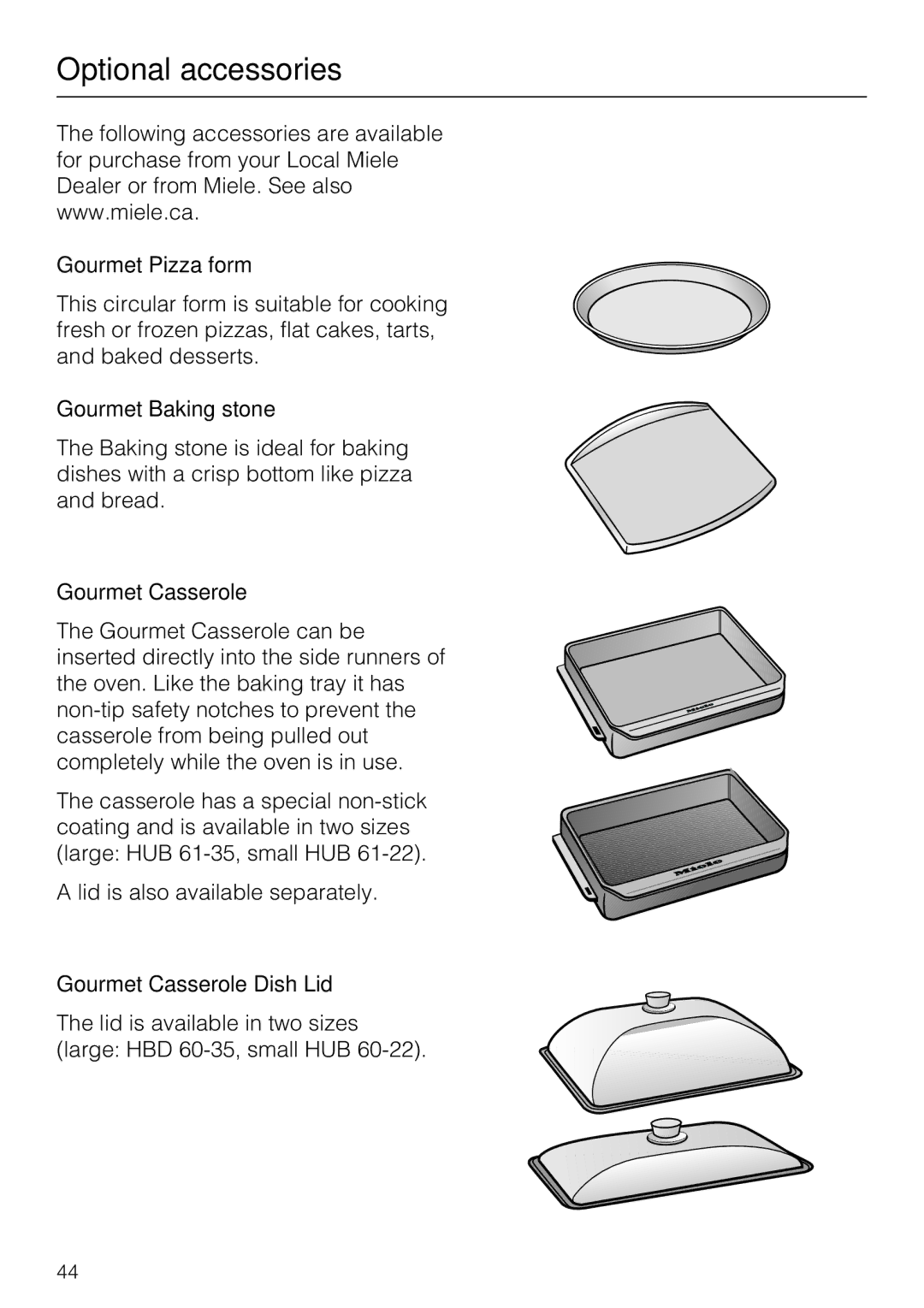 Miele H 4242 B installation instructions Optional accessories, Gourmet Pizza form, Gourmet Baking stone, Gourmet Casserole 