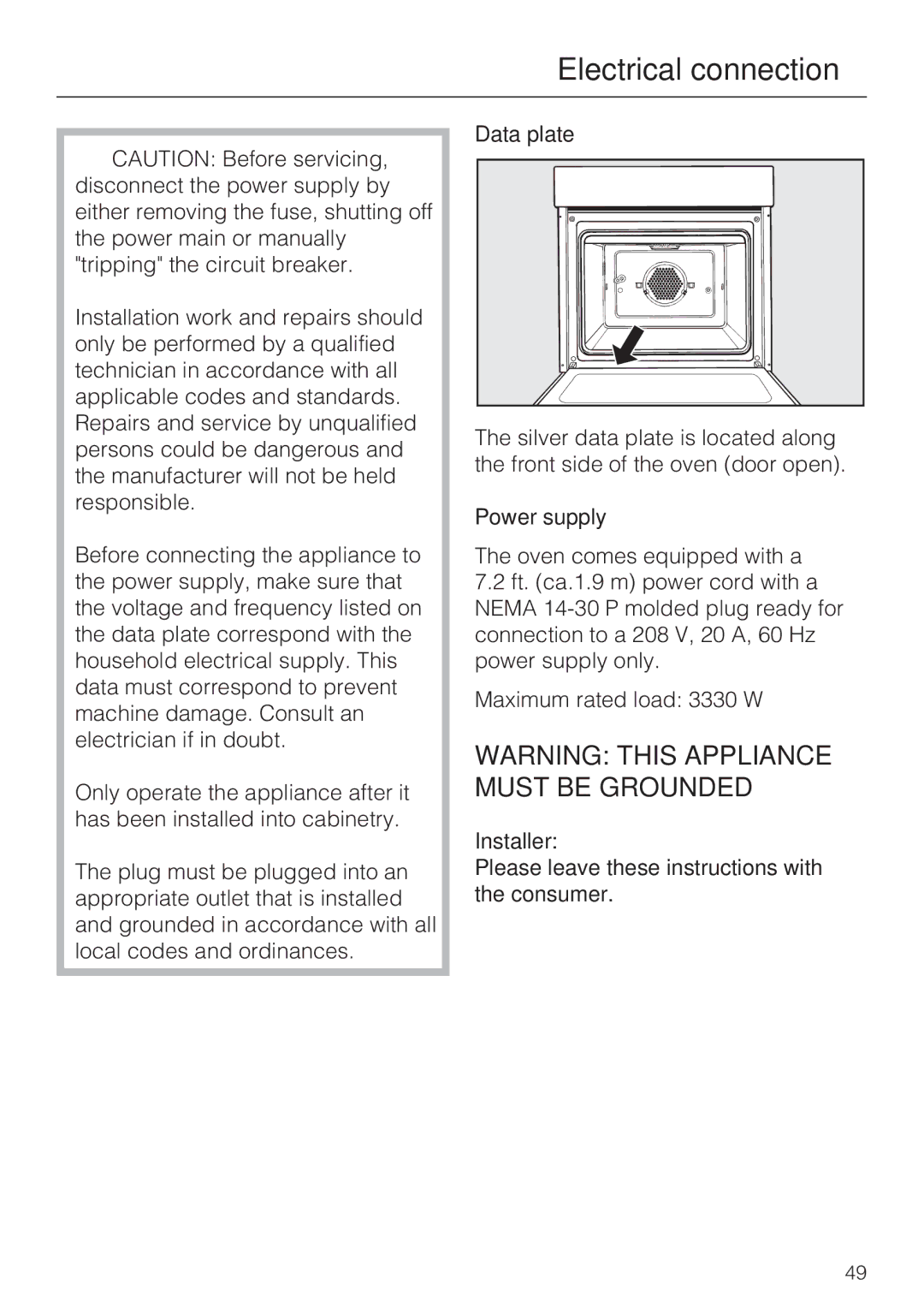 Miele H 4242 B installation instructions Electrical connection, Data plate, Power supply 