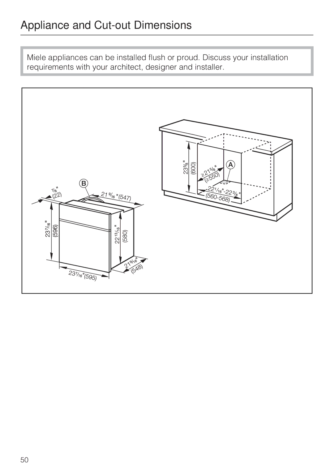 Miele H 4242 B installation instructions Appliance and Cut-out Dimensions 