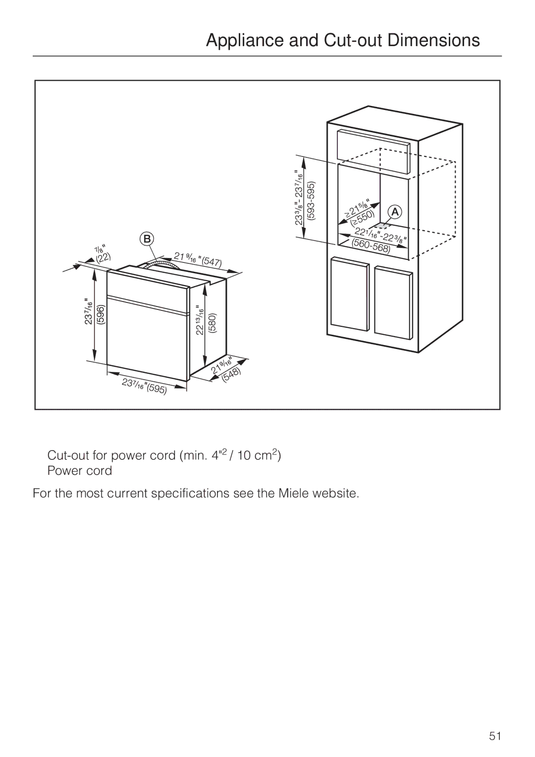 Miele H 4242 B installation instructions Appliance and Cut-out Dimensions 