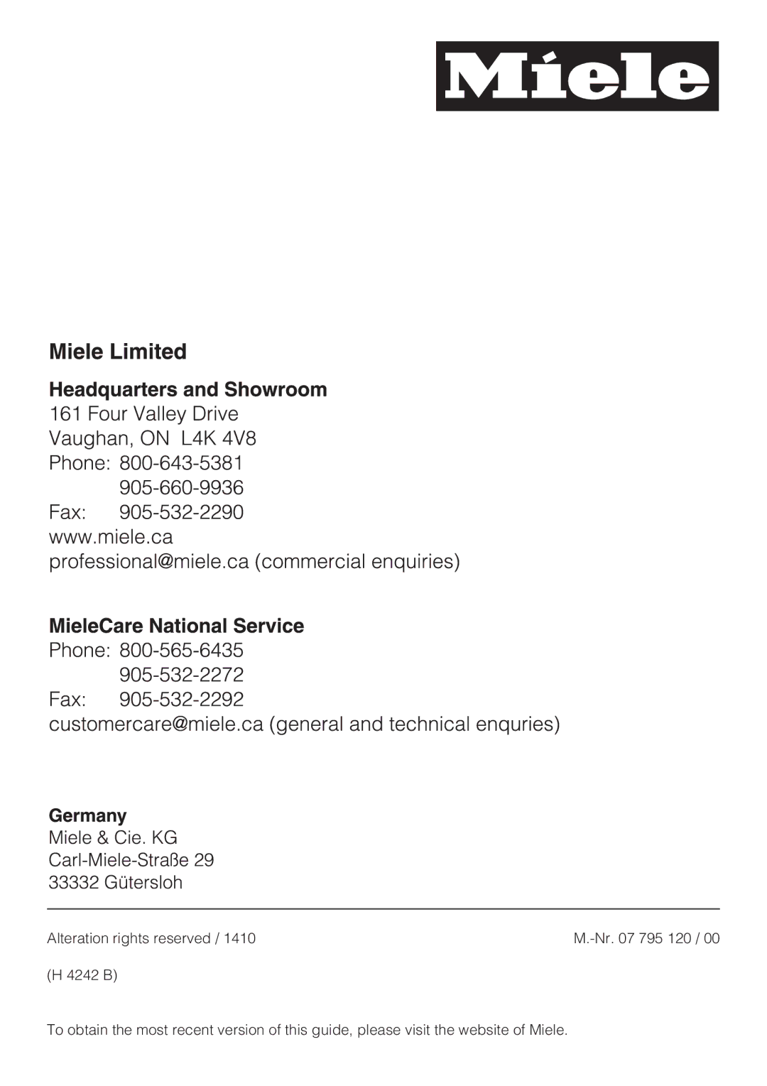 Miele H 4242 B installation instructions 