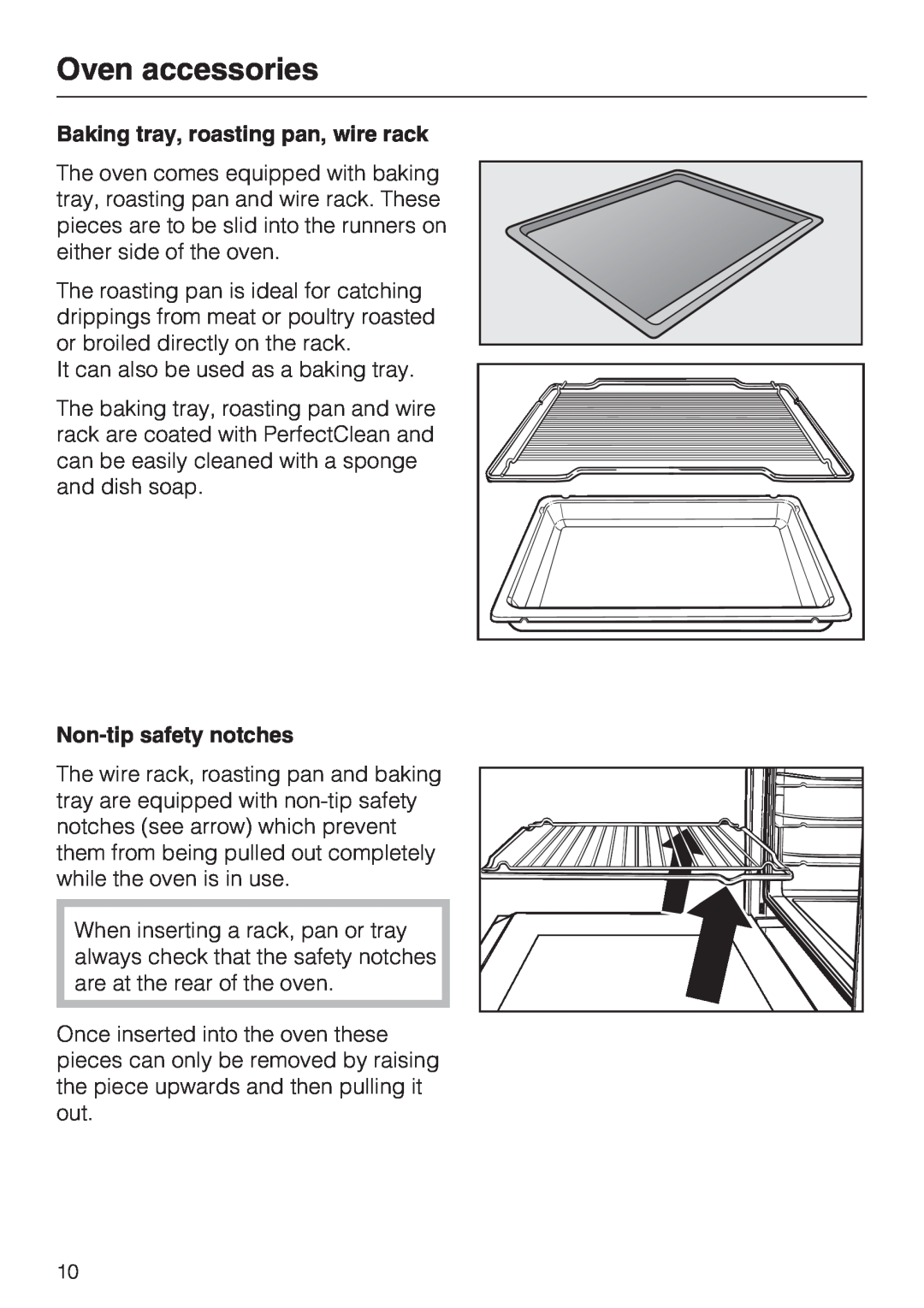 Miele H 4242 B installation instructions Oven accessories, Baking tray, roasting pan, wire rack, Non-tipsafety notches 