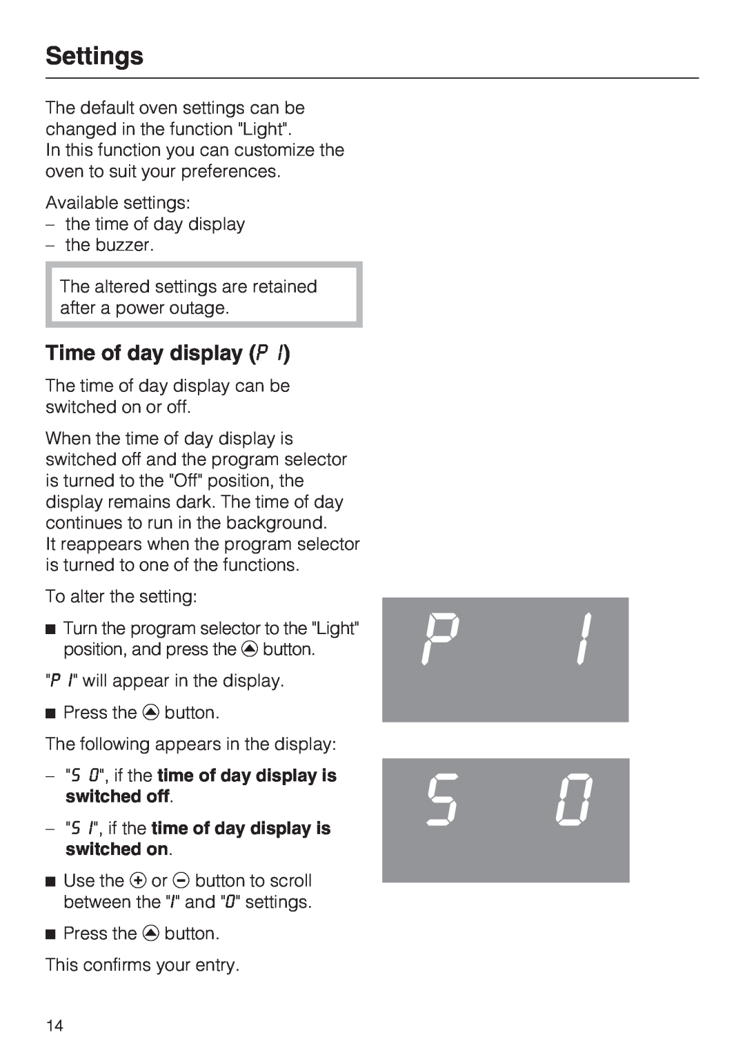 Miele H 4242 B installation instructions Settings, Time of day display P 
