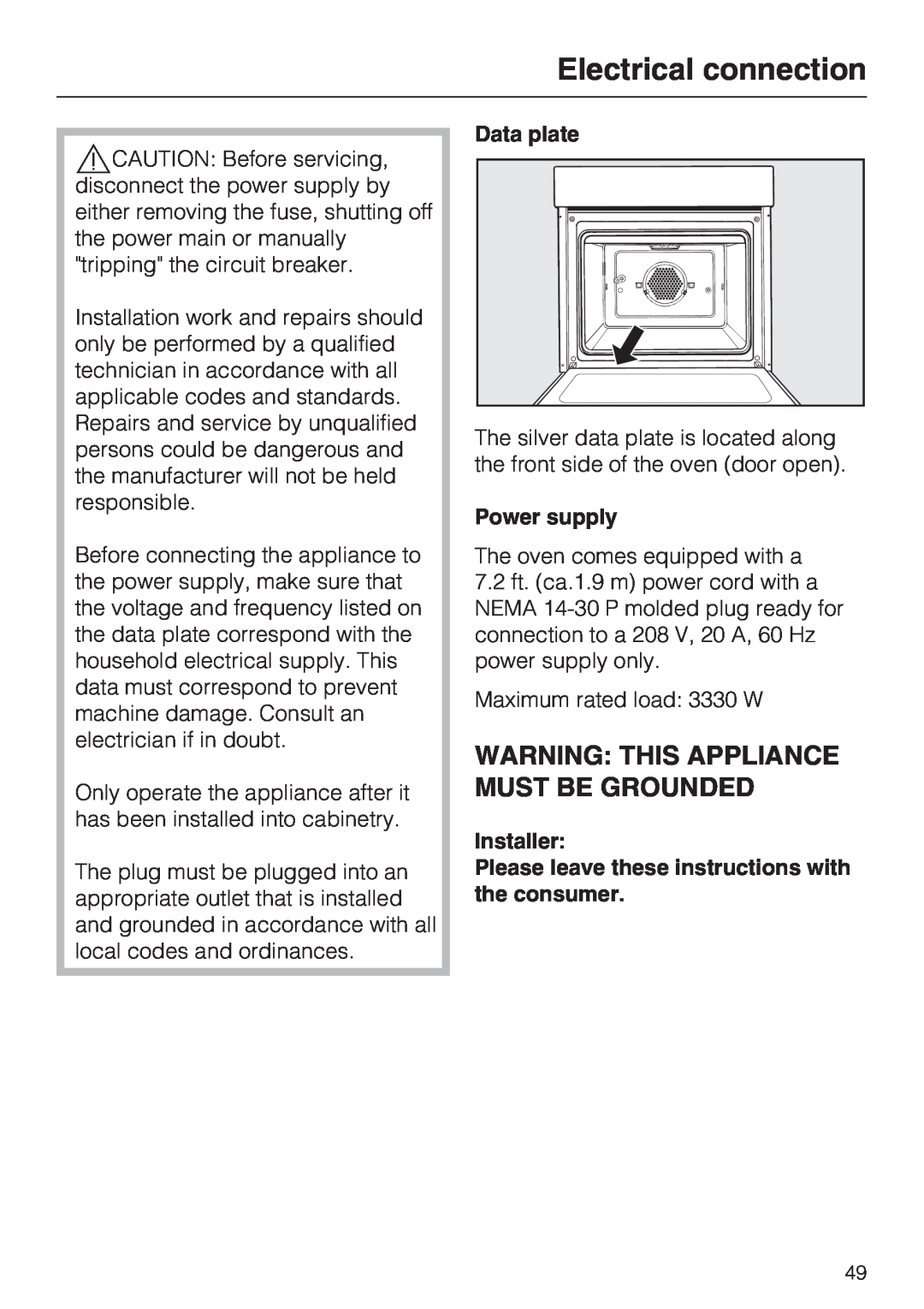 Miele H 4242 B installation instructions Electrical connection, Warning This Appliance Must Be Grounded 