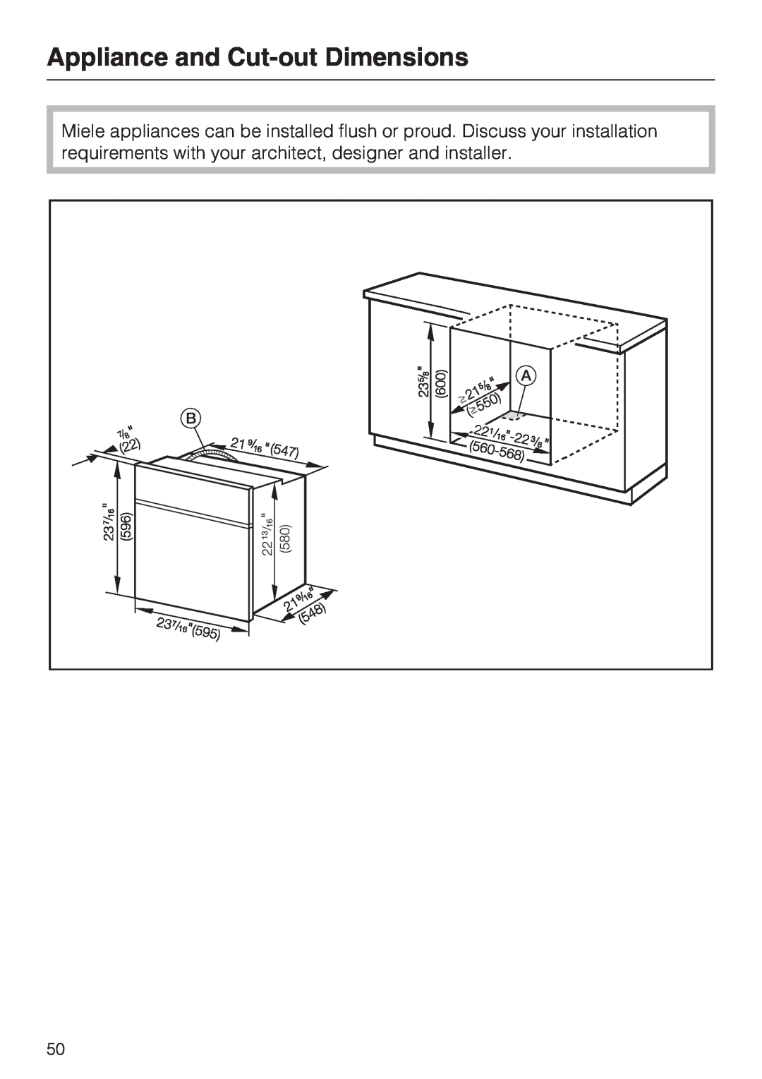 Miele H 4242 B installation instructions Appliance and Cut-outDimensions 