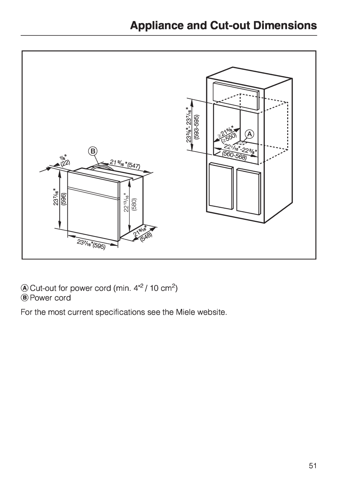 Miele H 4242 B installation instructions Appliance and Cut-outDimensions, Cut-outfor power cord min. 42 / 10 cm2 Power cord 