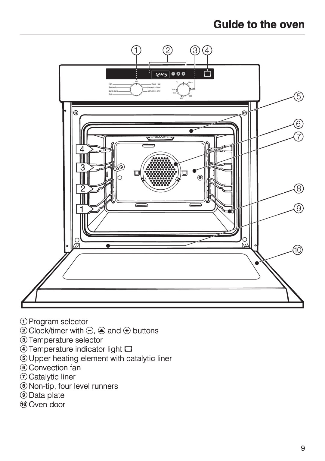 Miele H 4242 B Guide to the oven, Program selector Clock/timer with , and buttons, Convection fan Catalytic liner 